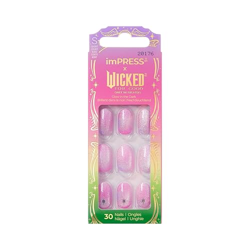Impress X WICKED: FOR GOOD Press On Nails Shouldnt This Be Pinker? Pink Short Oval New Improved Adhesive Up To 10 Day Hold Includes 30 Fake Nails 1 Prep Pad 1 Manicure Stick 1 Mini File