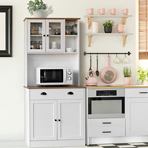 Veikous 72" Kitchen Storage Cabinet, Freestanding Kitchen Buffet With Hutch W/Wide Countertop & Adjustable Shelves, Pantry Cabinets With Glass Doors, White #TOP1