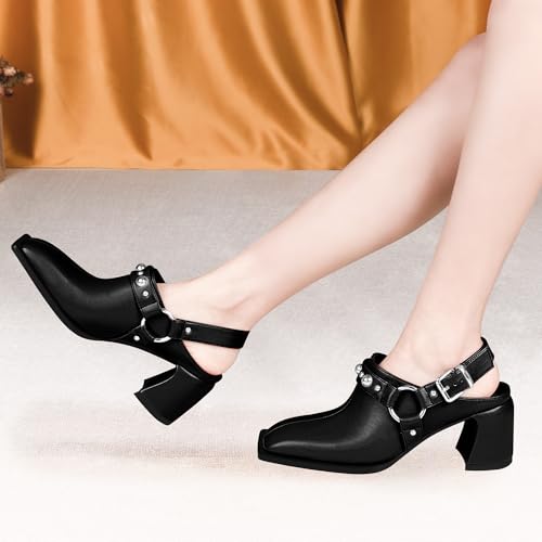 100FIXEO Women's Block Heel Slingback Pumps Studded Strap Buckle Square Toe Comfortable Shoes4