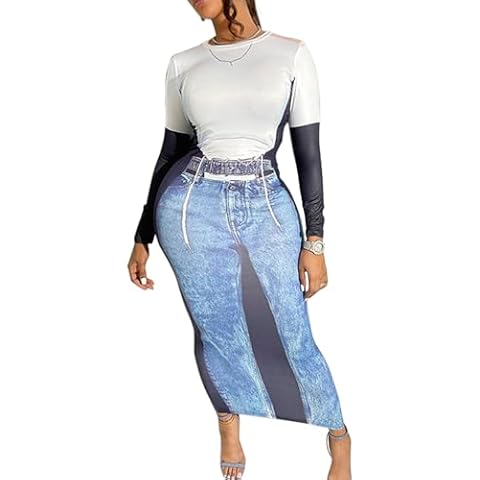 MEALIYA Women's Long Bodycon Dresses Colorblock Print Round Neck Long Sleeve High Waist Maxi Dress Blue Cover