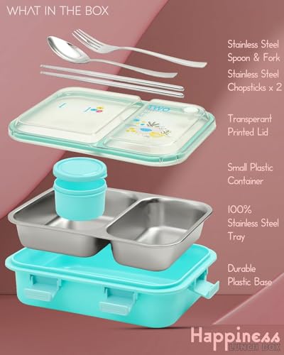 Image of PRIME DEALS Lunch Box 2 Compartment Leak-Proof BPA Free Stainless Steel, Lunch Box for Kids, Lunch Box for School & Office with a Fork, a Spoon and a Pair of Chopsticks (Sky Blue, 2 Compartment)
