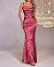 GLNEGE Women's Satin Bodycon Maxi Dress Elegant Formal Spaghetti Strap Cowl Neck Evening Party Dresses Wine