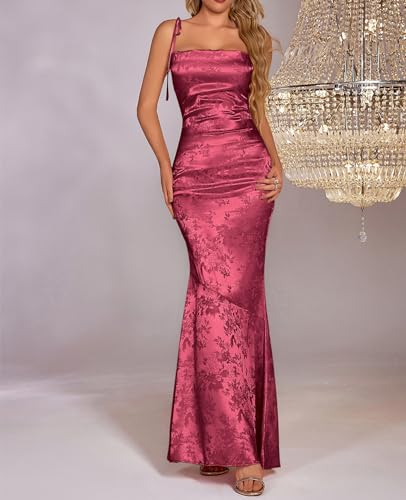 Image of GLNEGE Wedding Guest Maxi Prom Dress Lace Up Satin Formal Dresses for Women | Spaghetti Strap Cocktail Elegant Bridal Shower Wgute Dress Bodycon Mermaid Long Evening Black Tie Dresses for Women