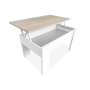 Duérmete Online, Mesa de Centro Elevable, Mesita de Salón o Comedor, Acabado en Color Blanco con Tapa Cambria, Medidas, 90 cm (Ancho) x 50 cm (Fondo) x 46, 57 cm (Alto), Madera, 90 x 50 x 46, 57 cm