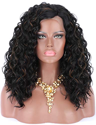 Kalyss Lightweight Synthetic Lace Front Wigs for Women Long Curly Wavy Black with Lightbrown Highlights L Parting Natural Looking Frontal Lace Wigs