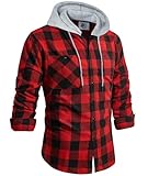 Red Flannel Shirt for Men Plaid Hoodie Western Shirts Christmas Flannel Shirt Mens Casual Plaid Hooded Shirts Jacket
