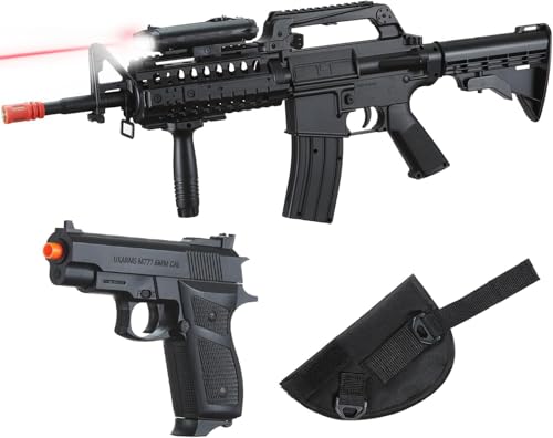 GoldenBall Airsoft M4 Spring-Powered Rifle and M3 Pistol (Scope, Grip, Laser & Flashlight) Starter Kit with Holster (Black)