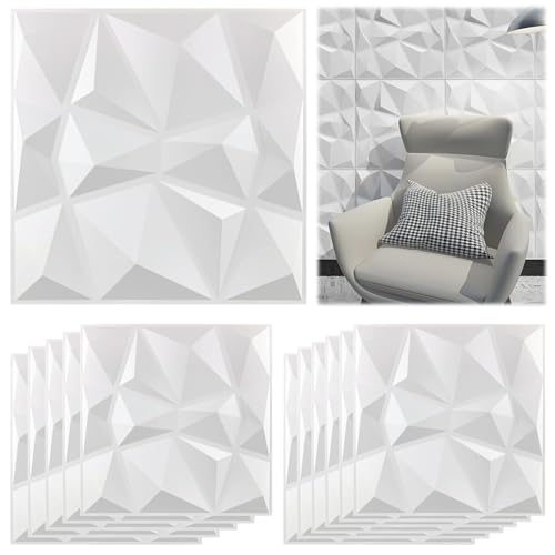 Pack Of 12 3D Wall Panels 30 x 30 CM 3D Look Diamond Highly Rigid PVC Non-Deformable Recyclable Waterproof Heat Resistant Odourless Gaming Room Wall Ceiling (Matte White)