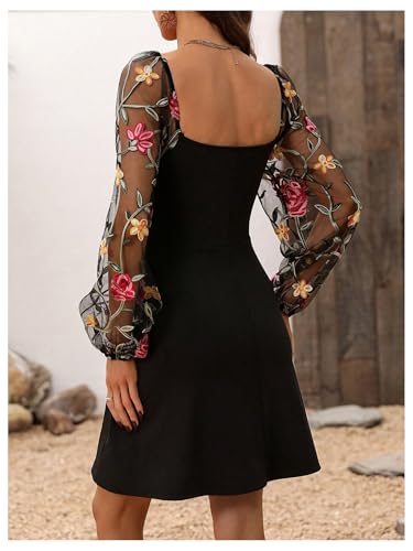 Image of Floerns Women's Floral Mesh Bishop Long Sleeve Square Neck Boho A Line Dresses