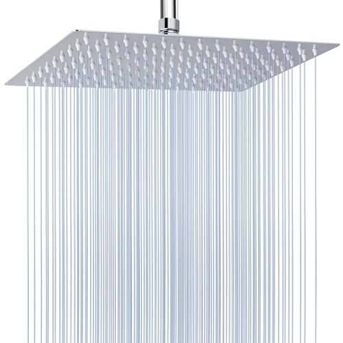 Voolan Extra Large Rain Shower Head - High Flow Square Rainfall Showerhead - Waterfall Full Body Coverage - Universal Ceiling or Wall Mount (16 * 12 Inch Rectangle, Chrome)