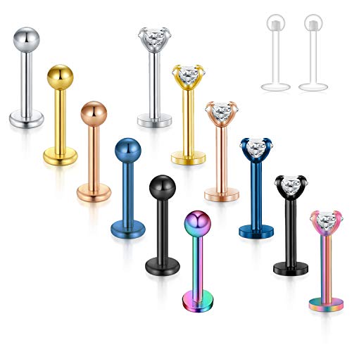 Zolure Forward Helix Earring Surgical Steel Tragus Cartilage Lip Rings 16G 8mm CZ Labret Stud Body Piercing Jewelry