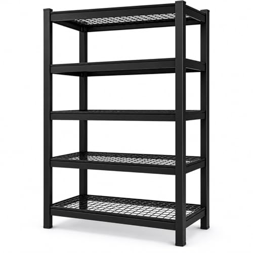 Pullmon 5-Tier 16-Inch Deep Metal Shelving Unit, 60W x 16D x 72H Steel Wire Mesh Shelves, Black Wide Shallow Garage Storage Rack for Tools, Pantry, Laundry Room, Workshop