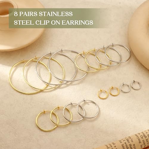 Magitaco 8 Pairs Clip On Hoop Earrings Stainless Steel Clip On Earrings for Women Fake Hoop Earring Spring Hoop Earring For Non-Pierced Ears4
