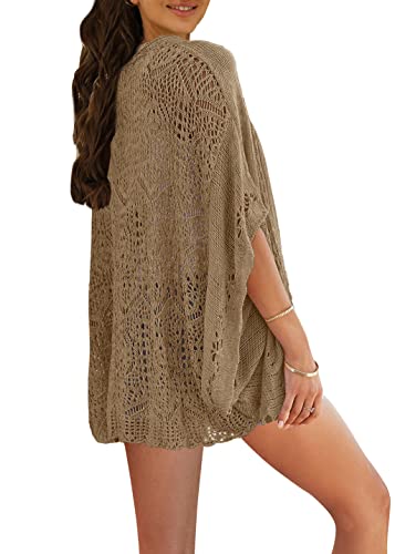 Image of Ermonn Crochet Cardigan Sweaters for Women Open Front Kimono Batwing Sleeve Plain Casual Lightweight Outerwear