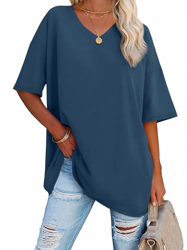 Image of ATHMILE Womens Oversized Shirts V Neck Plus Size Spring Workout Summer Tops Beach Vacation 2026 Gym Clothes Basic Tee