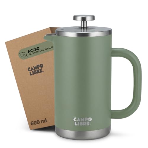Campo Libre.® GIORGIO – Cafetera Francesa de Acero Inoxidable, Doble Pared Aislada, Sin Plástico – Prensa Francesa Térmica con Filtro Extra – Apta para Lavavajillas – Verde. 600ml