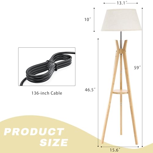 Image of Tripod Floor Lamp with Shelf, Modern Corner Lamp for Living Room | Mid Century, 59'' Tall, Bamboo Standing Lamp for Bedroom, for Office, Linen Shade, E26 Base, Natural