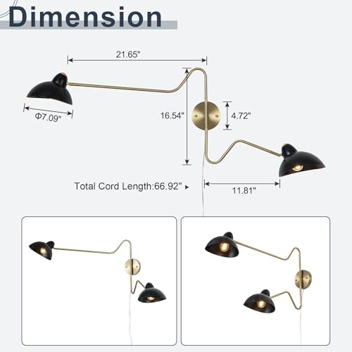Image of Black and Gold Plug in Wall Sconce, 2-Light Swing Arms Wall Lamp with Plug Cord Big Wall Mount Lighting Fixture for Living Room Bedroom