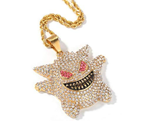 Starryinter Stainless Steel Hip Hop Bling Iced-Out Gengar Pendant Necklace Gold Plated 24  Rope Chain (Gold)