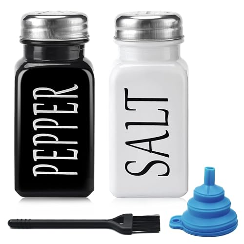 Salt and Pepper Shakers Set, 2PCS Glass Salt and Pepper Shakers, Salt and Pepper Set with Funnel and Small Brush for Kitchen BBQ Camping Restaurant Dining Table