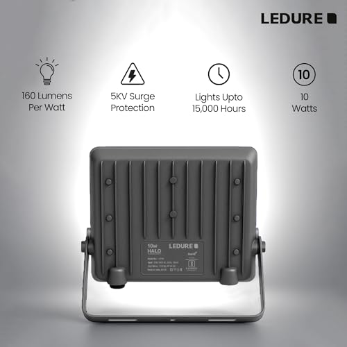 Image of LEDURE Halo 10W LED Flood Light | Pack of 1 | 6500K Cool White | IP65 Waterproof | Wide Voltage 150-300V | 4kV Surge Protection | BIS Approved | Aluminium Die-Cast | Outdoor Flood Light for Garden