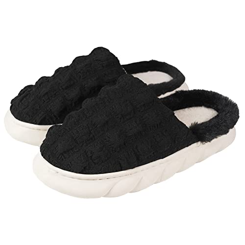 OSVINO Pantoufles en Seersucker pour femme en mousse à mémoire de forme, confortables et moelleuses pour l'hiver, pour la maison, l'intérieur et l'extérieur, Noir , 37/38 EU Cover