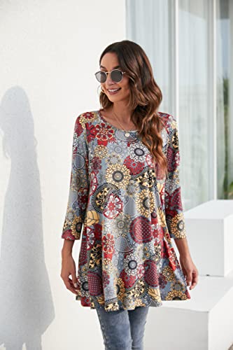 Enmain Tunic Tops For Women Loose Fit With Leggings Plus Size Tunics 3/4 Sleeve Dressy Casual Swing Ladies Blouses Floral Crewneck Flare T Shirts Grey Red #TOP1