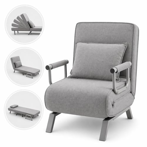 Makika Schlafsessel Schlafsofa TED 3in1 mit Armlehne - Bettfunktion - Verstellbare Rückenlehne - inkl. Kopfkissen - Bis 200kg - Klappsessel Relaxsessel Sofabett Klappbett Gästebett Wohnzimmer Grau