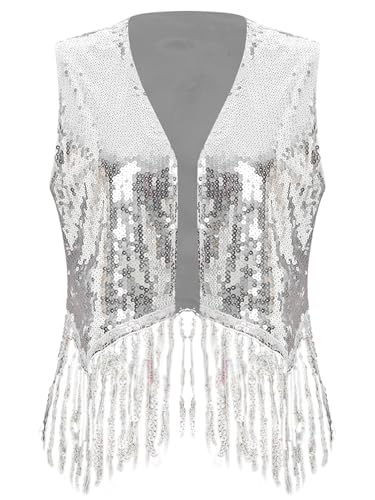 Women's Sequins Tassel Vest Open Front 70s Hippie Cardigan Sleeveless Western Cowgirl Tops4