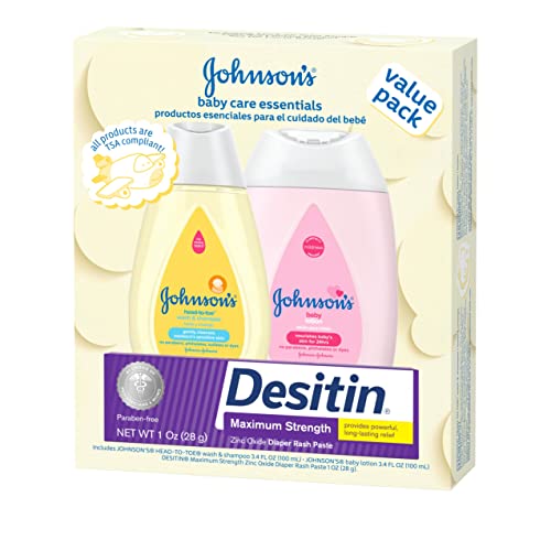 Johnson's Baby Care Essentials Gift Set, Baby Skincare Set With Body Wash & Shampoo, Body Lotion, & Zinc Oxide Diaper Rash Paste For Baby's Delicate Skin, Value Pack, Travel-Size, 3 Items #TOP5