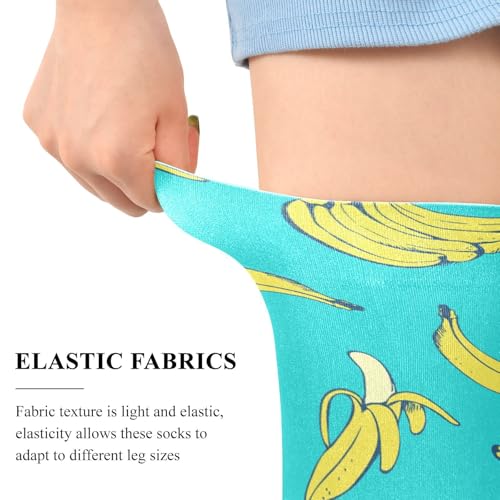 Women Girls High Thigh Socks Tropical Fruit Banana Pattern Over Knee Thin Tights Long Stocking Yellow Blue4