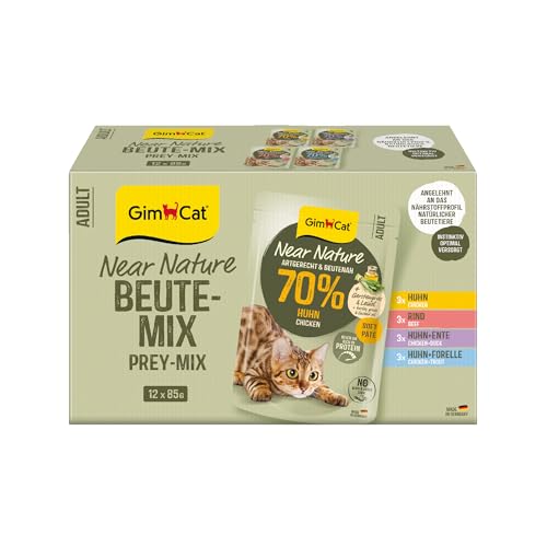 GimCat Near Nature Probier-Mix 12 Alimentos húmedos sin Cereales para Gatos a Partir del 7º Mes con Receta Adecuada para Especies y Bolsas – 12 Bolsas (12 x 85 g)