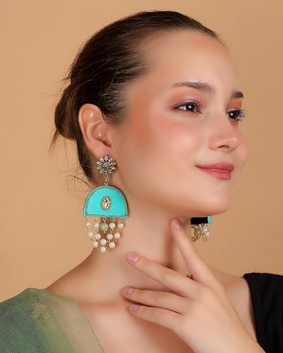Image of KHOJ.CITY Ethnic Earrings for Women | Lightweight, Hand-Painted Chandbali with Pearl Chain | Handmade Jewellery for Women | Boho Earrings For Girls