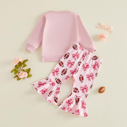 Image of Toddler Baby Girls Football Outfit Crew Neck Long Sleeve Rugby Bow Print Sweatshirt Elastic Waist Pants 2Pcs