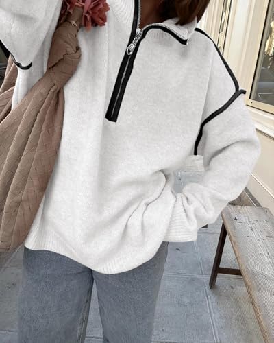 Saodimallsu Womens Quarter Zip Pullover Sweaters Casual Collared V Neck Color Block Long Sleeve Loose Knit Fall Sweater3