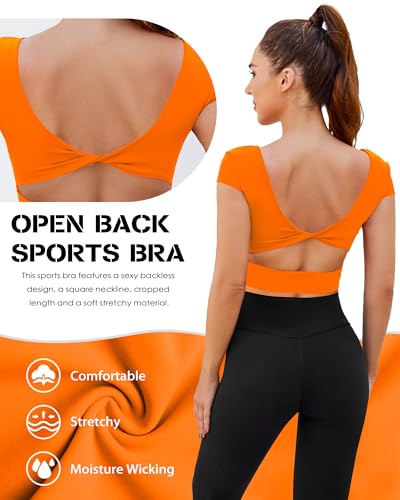 Image of DaiLiWei Open Back Workout Tops for Women Short Sleeve Longline Sports Bras Support Crop Tank Yoga Shirts with Built in Bra