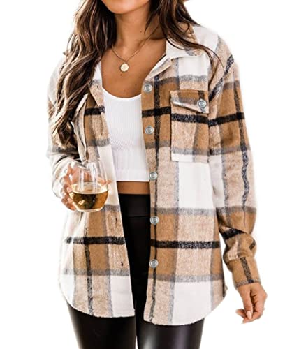 PIZOFF Womens Plaid Shacket Jacket Women Wool Blend Button Down Long Sleeve Pocketed Oversized Shirt Jacket AM354-Khaki-XS