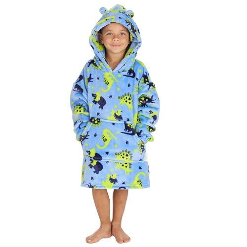 Metzuyan Kids Oversized Blanket Hoodie Dinosaur Print Novelty Soft Wearable Fleece Lounge Toddlers Top Blue 18 Months - 3 Years