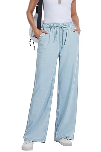 Auravista Women Wide Leg Jeans Lightweight Soft Baggy Drawstring Denim Pants Pull On Straight Leg Casual Summer Trousers