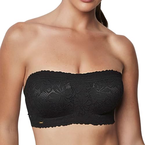 Sujetador Bandeau Sin Aros, Encaje Floral, Tirantes Desmontables, Tallas S/M/L/XL, Negro y Maquillaje (FR/ES, Letras, M, Regular, Regular, Negro)