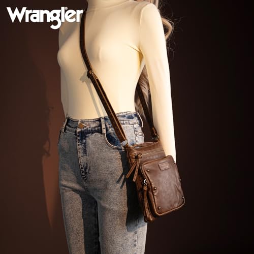 Montana West Wrangler Women's Soft Washed Leather Crossbody Bag Multi Pocket Shoulder Purse