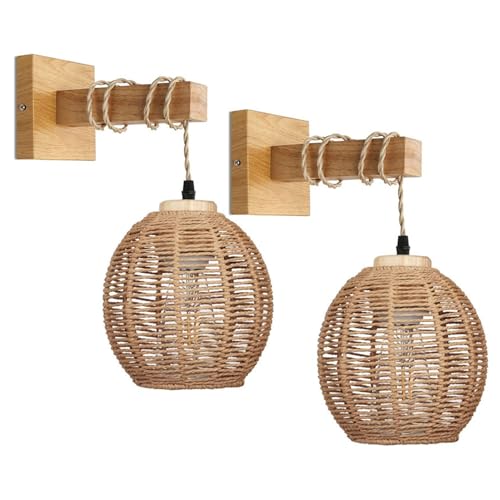 Lámpara de pared estilo araña, aplique rústico de pared con pantalla de cuerda de cáñamo tejida a mano, lámpara de pared estilo granja para mesita de noche, sala de estar, dormitorio (bombil