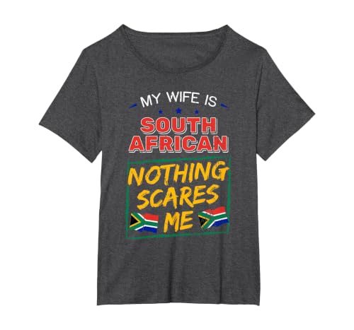 My Wife is South African South Africa Heritage Roots Flag T-Shirt, Women's Plus, Dark Heather Grey, 5X