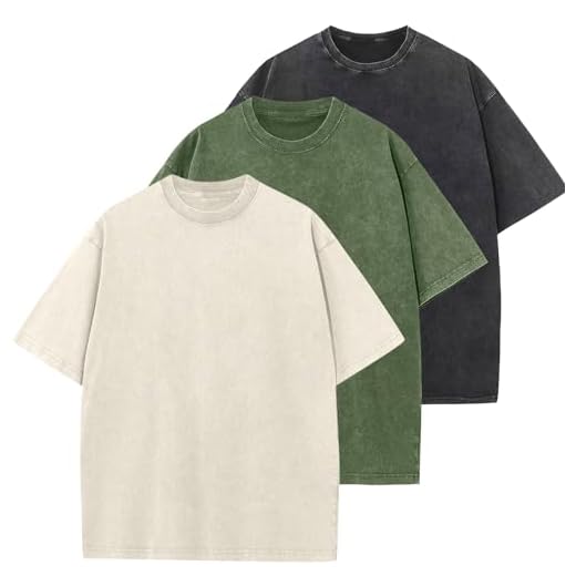 3 Pcs Oversized Heavy Cotton Summer T-Shirts Vintage Unisex Short Sleeves Casual Loose Basic Tops(Beige+ArmyGreen+Black L)