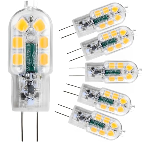 KkvoGmle G4 12V LED Light Bulbs 2W, Warm White 3000K, Replacement for Halogen Bulb G4 2W, 200LM, for Cooker Hood/Chandelier, Home Lighting, Not Dimmable, 6-Pack [Energy Class F]