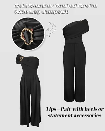CHICME Womens Sleeveless Jumpsuit One Shoulder Ruched Romper Casual Fall Buckle Decor Wide Leg Black Jumpsuits-M