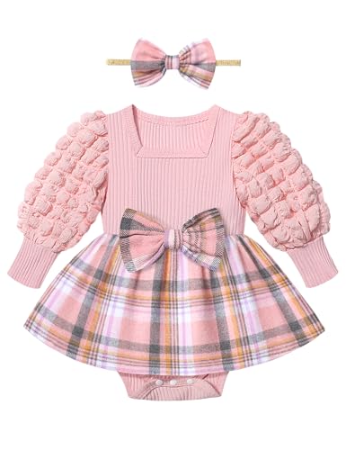 Image of Oranchids Baby Girl Dress Puff Sleeve Plaid Romper Dress Square Neck Ribbed Dress Clothes Fall Winter Outfit with Headband