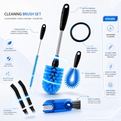 Image of 6-in-1 Bottle Cleaning Brush Set, Long Handle Stainless Steel Bottle Cleaner Brush with Straw Cleaner, Lid Brush & Gap Cleaner for Water Bottles, Stanley Tumblers, Baby Bottles, Mugs