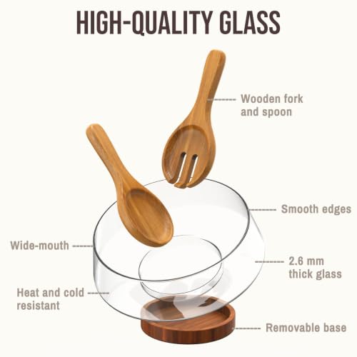SoulTimes 4.7Qt Glass Salad Bowl with Acacia Wood Base and Serving Utensils by SoulTimes - Used condition - Image 3