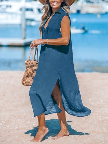 Image of CUPSHE Women's Swimsuit Coverup Casual Sleeveless Side Split Long Cardigans V Neck Midi Beach Dress